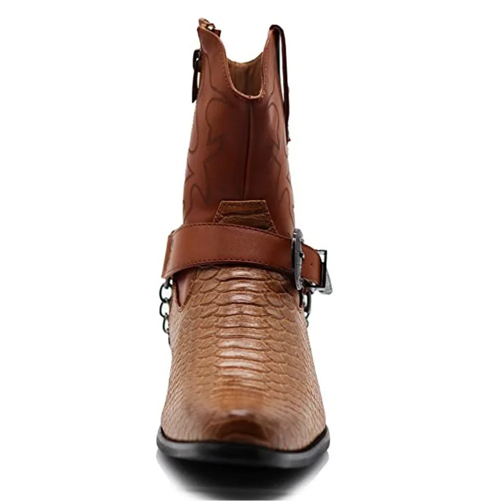 Men's Tan Western Harness Boots - Leather Exotic Texture